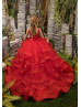 Red Lace Tulle Ruffle Floor Length Flower Girl Dress